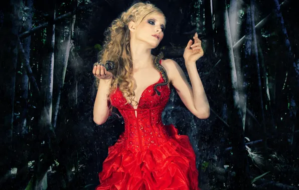 Dark, Snake, Blonde, Forest, Red Dress