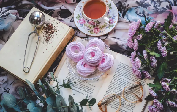 Flowers, table, tea, books, bouquet, glasses, the tea party, Cup