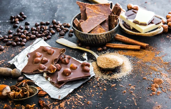 Coffee, food, chocolate, sugar, cinnamon, sweet, coffee beans, spices