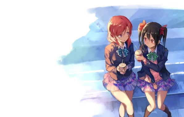 Glass, red, drink, bow, school uniform, friend, sitting, Minami Kotori