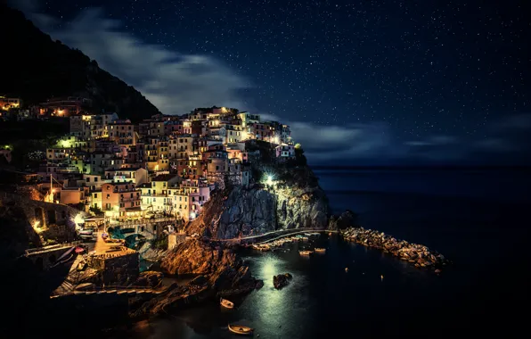Stars, night, the city, Italy, Italy, Night, Manarola, Liguria