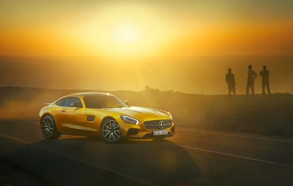 Picture Mercedes-Benz, Front, AMG, Sun, Day, Yellow, Road, Sea