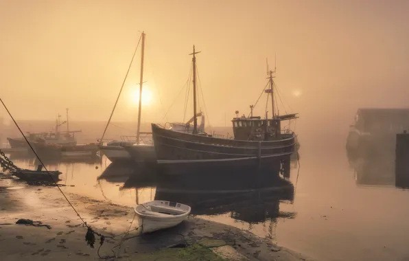 The sun, fog, boat, ship, England, morning, port, harbour