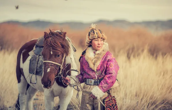 Girl, the steppe, horse, Mongolia