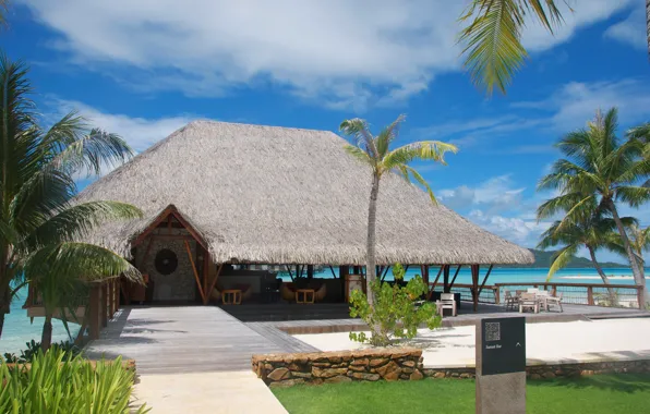 Sea, the sky, mountains, palm trees, the ocean, Bungalow