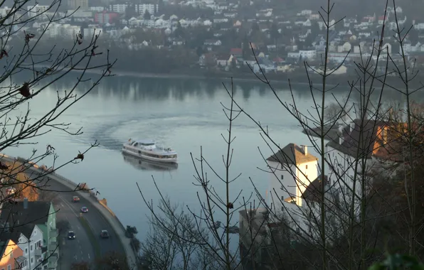 Landscape, ship, Germany, Bayern, Passau, the confluence of three rivers
