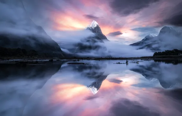 Sky, landscape, New Zealand, nature, water, winter, clouds, lake