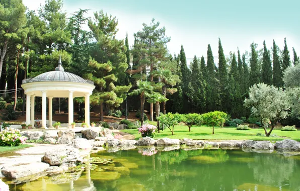Summer, water, trees, Park, rotunda
