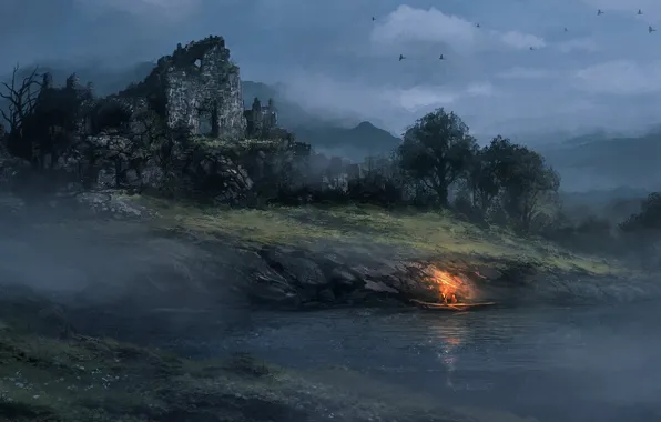 Picture river, boat, ruins