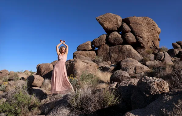 Hot girl, desert, rocks, stones, blue sky, outside, sexy woman, posing