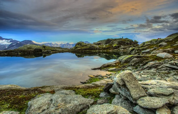Clouds, mountains, lake, stones, Switzerland, hill, Obergoms