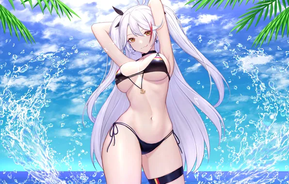 Girl, sexy, cleavage, long hair, sea, boobs, anime, water