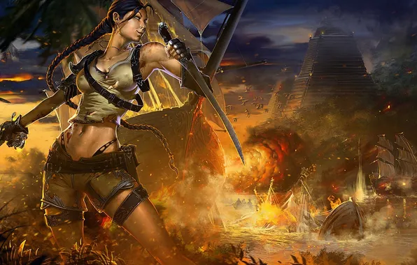 Picture girl, weapons, fire, ships, art, pyramid, battle, blade