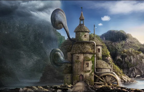 Water, landscape, pipe, lake, house, fiction, rocks, the building