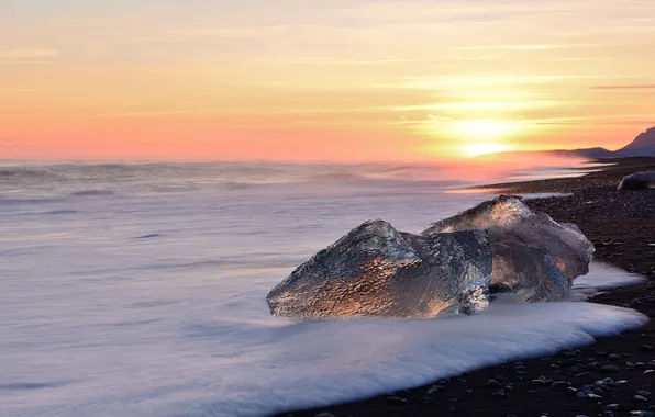 Ice, sea, beach, the sun, the evening, Iceland