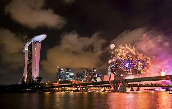 Night, lights, holiday, salute, Bay, fireworks, the hotel, Singapore