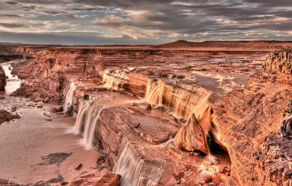 Mountains, river, waterfall