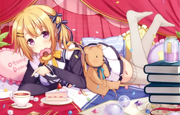 Books, girl, curtains, bows, donut, sweet tooth, a piece of cake, pillow multicolored