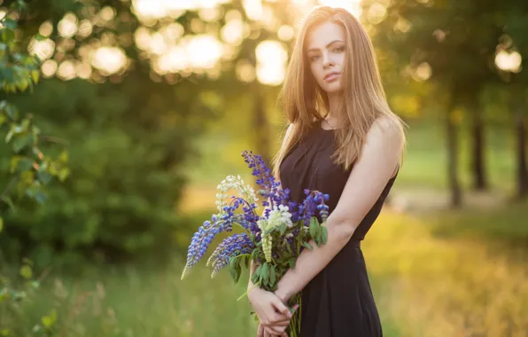 Picture look, girl, flowers, bokeh, lupins