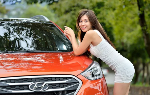 Auto, look, smile, Girls, Asian, Hyundai, beautiful girl, posing on the car