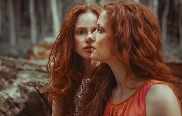 Picture girl, face, background, red