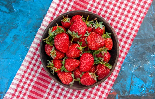 Berries, strawberry, bowl, blue background, blue background