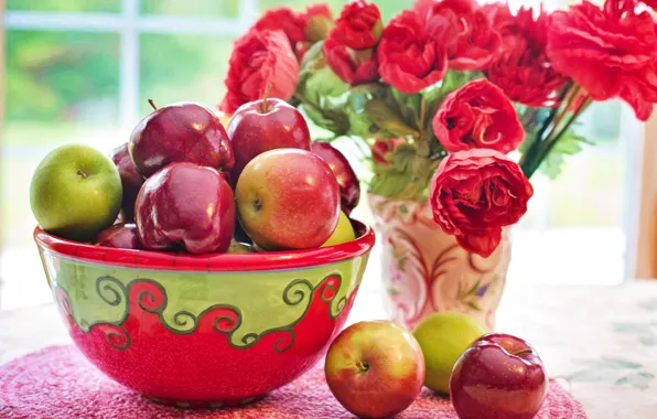 Picture flowers, apples, bouquet, still life