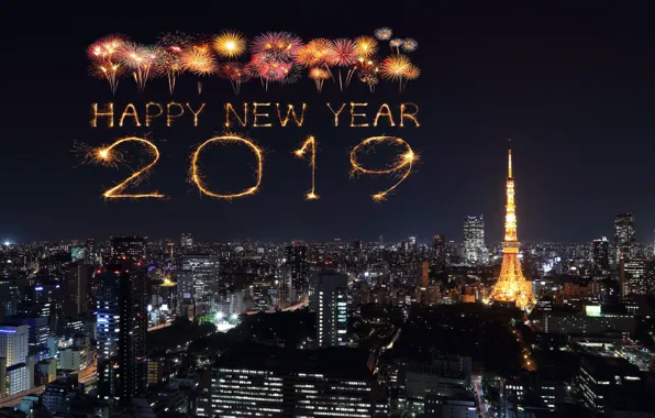 Night, city, lights, salute, colorful, New Year, happy, night