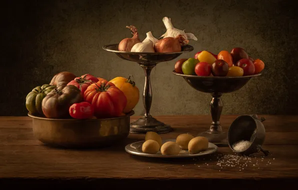 Metal, the dark background, table, harvest, bow, dishes, still life, vegetables