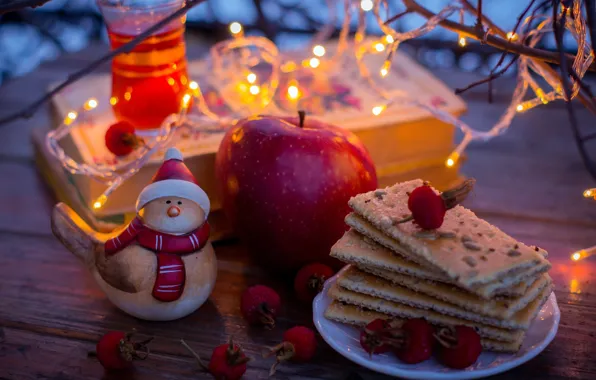 Picture lights, berries, tea, books, Apple, yellow, cookies, red