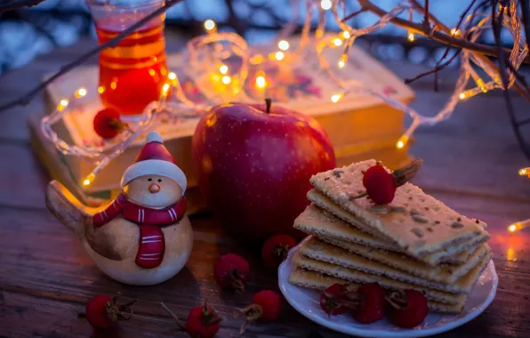 Lights, berries, tea, books, Apple, yellow, cookies, red