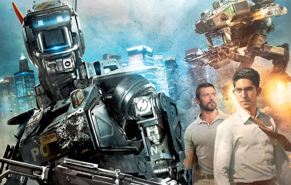 Picture weapons, robots, shooting, poster, Hugh Jackman, Hugh Jackman, Chappie, The robot named Chappy