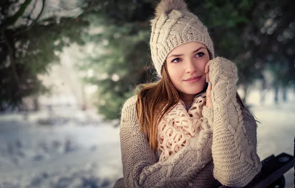 Picture winter, girl, mood, portrait, cap, sweater, bokeh, Sergei Timashev