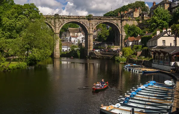 Greens, the sun, clouds, trees, bridge, river, boat, England