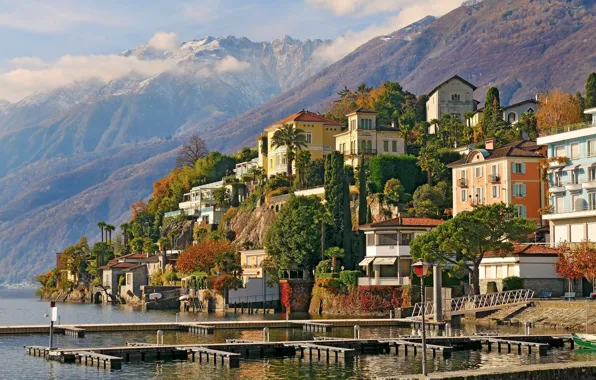 Picture trees, mountains, building, Switzerland, Switzerland, Ascona, Ascona