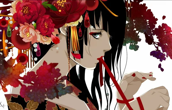 Picture girl, flowers, art, tape, kimono, red