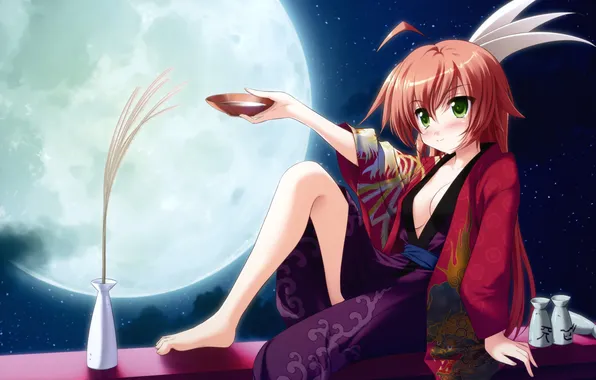 Girl, night, the moon, art, vase, kimono, game, bowl