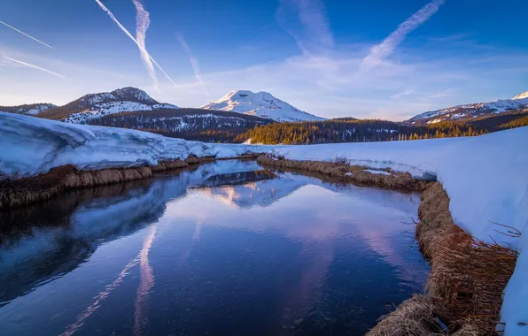Winter, snow, mountains, lake, river