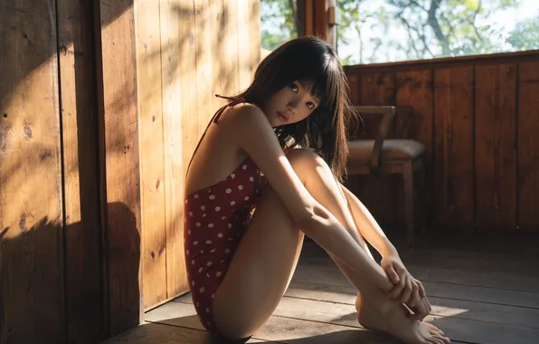 Beautiful, Asian, Model, Woman, Pretty, Red Dress, Sitting, Sunlight