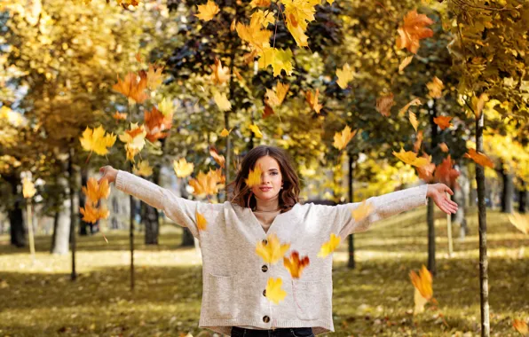Picture autumn, leaves, girl, Park, background, model, yellow