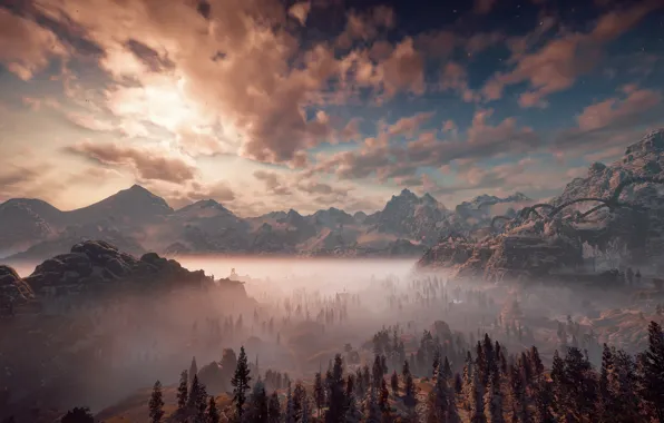 The sky, landscape, mountains, fog, morning, Horizon Zero Dawn