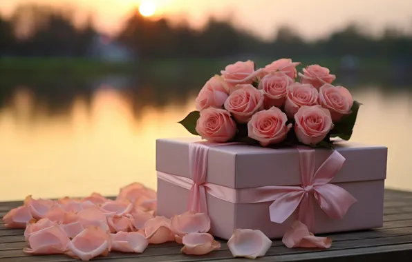 Flowers, holiday, gift, Board, roses, bouquet, petals, pink