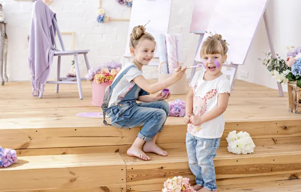 Picture joy, flowers, children, paint, jeans, hands, girl, steps