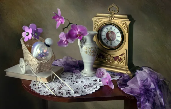 Flowers, watch, texture, perfume, book, bottle, vase, still life