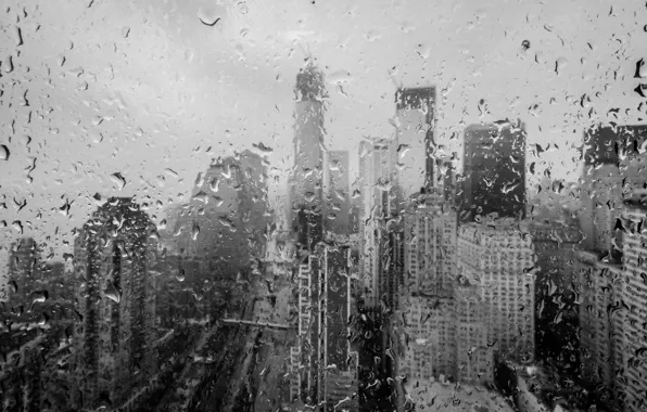 Picture glass, drops, macro, rain, overcast, building, disaster, skyscrapers