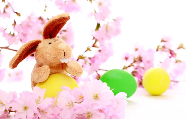 Holiday, rabbit, Easter, colored eggs, cherry flowers