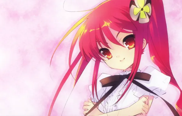 Smile, girl, bow, red hair, flower in hair, Shakugan no Shana, big eyes, white blouse