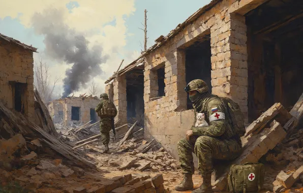 Picture Kitty, War, The building, Soldiers, Two, Russia, Art, Ukraine