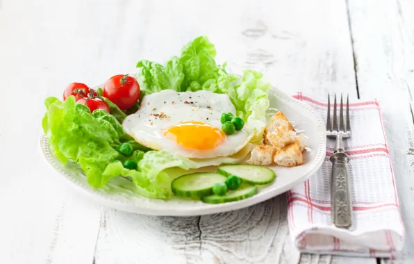 Picture Breakfast, cucumber, scrambled eggs, tomato, salad