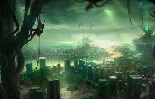 Picture trees, the city, people, spiders, art, monsters, ruins, fantasy world